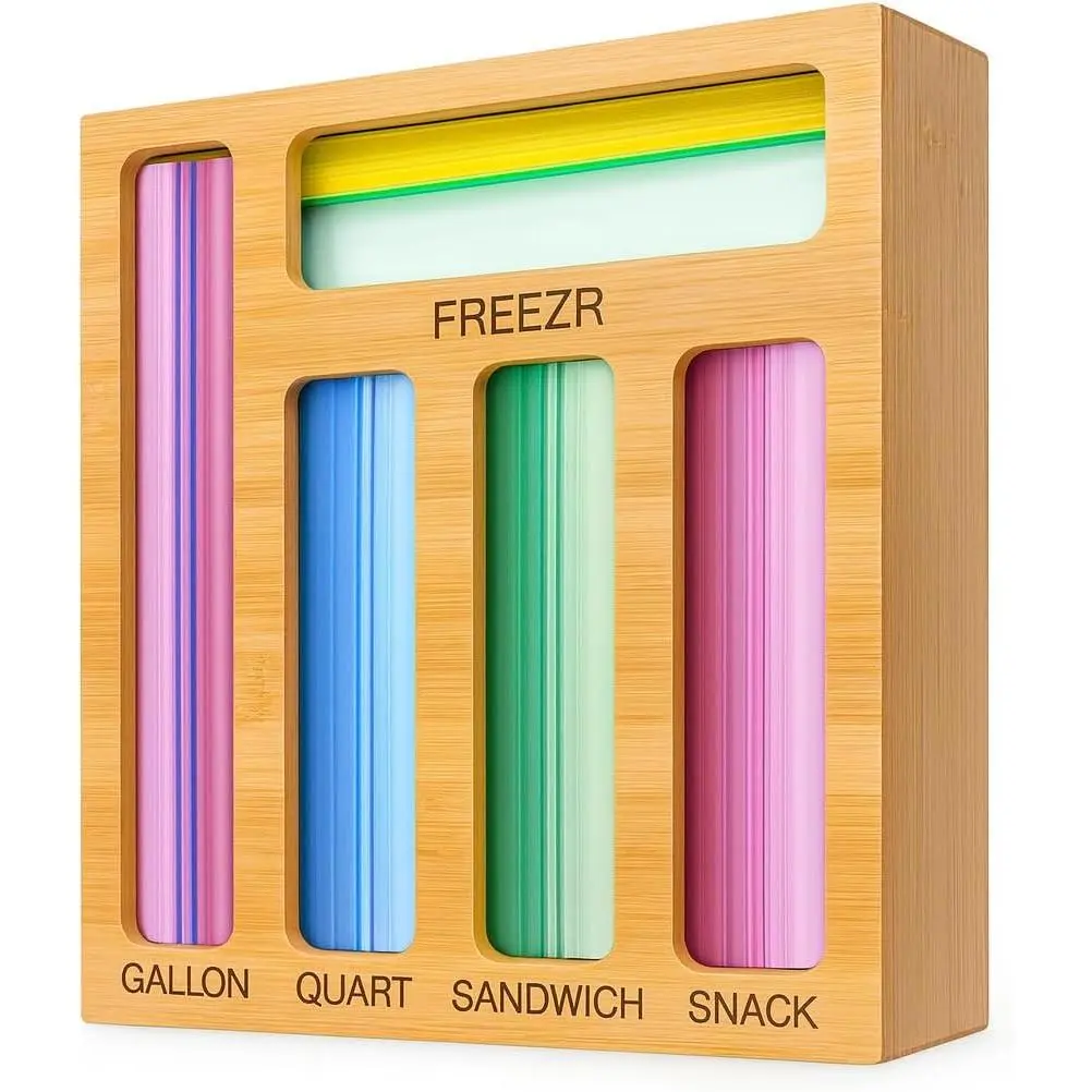 Storage Bag Organizer for Kitchen Drawer —  Plastic Bag Holder with 5 Slots for Gallon, Freezer, Quart, Sandwich and Snack Zip Top Bags, Drawer Organization (13.9 x 11.9 x 3.5 in)