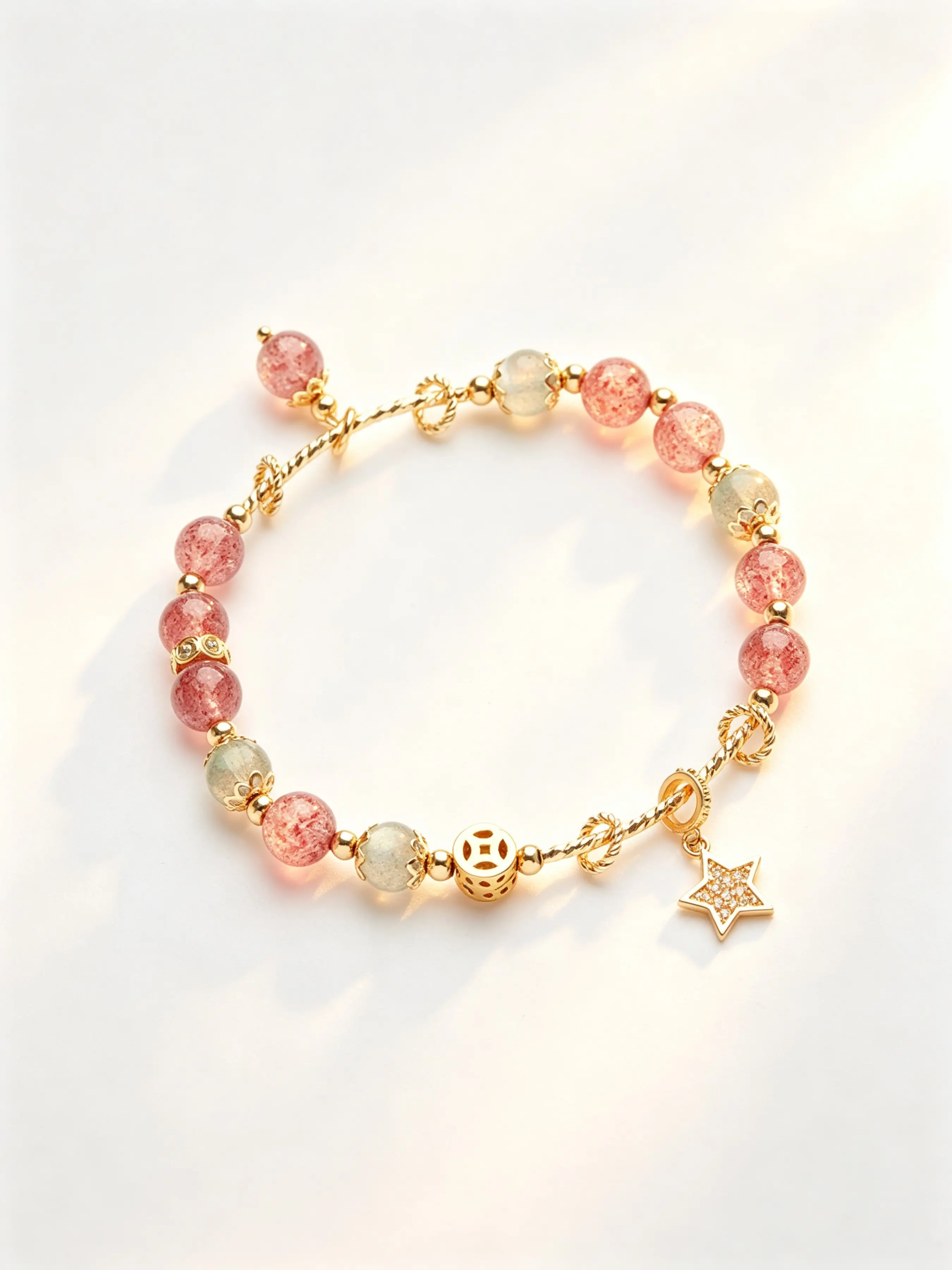 7 Chakra Natural Strawberry Quartz Moonstone Star Bracelet, Heart Chakra Self-Love Energy Balance, Elegant Daily Wear Jewelry for Women