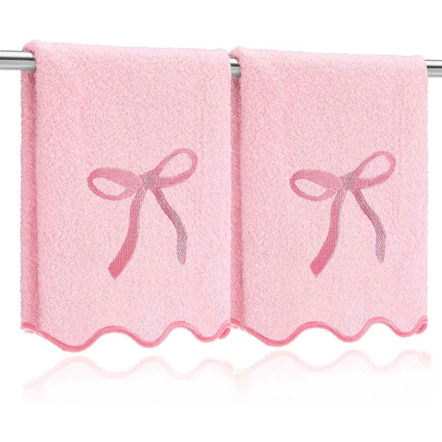 SmoothNovelty 2 Pcs Scalloped Pink Bow Fingertip Towels for Bathroom 12 x 18 Inch Small Fingertip Towels with Embroidery Coquette Bow 100% Cotton Soft Absorbent Guest and Housewarming Gift