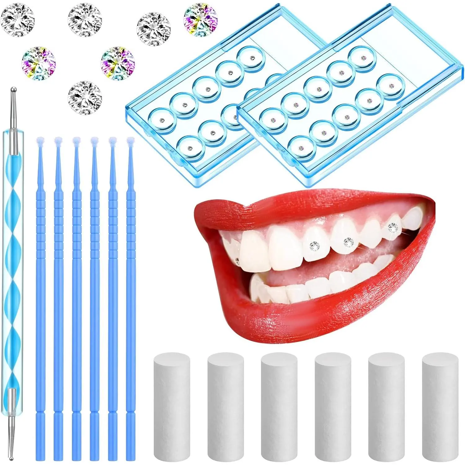 61 Pcs Tooth Gem Kit DIY Jewelry Dental Gems Reflective Teeth Diamonds Set Artificial Crystal Ornaments Jewel with Applicator Sticks Dot Drill Pen Cotton Sticks(White,Colorful,Blue)