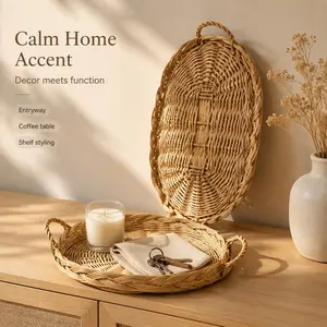Rattan Woven Tray, Round and Oval Styles, Elegant Serving Dish, Multi-Functional Tableware, Ideal for Home Decor and Event Setup