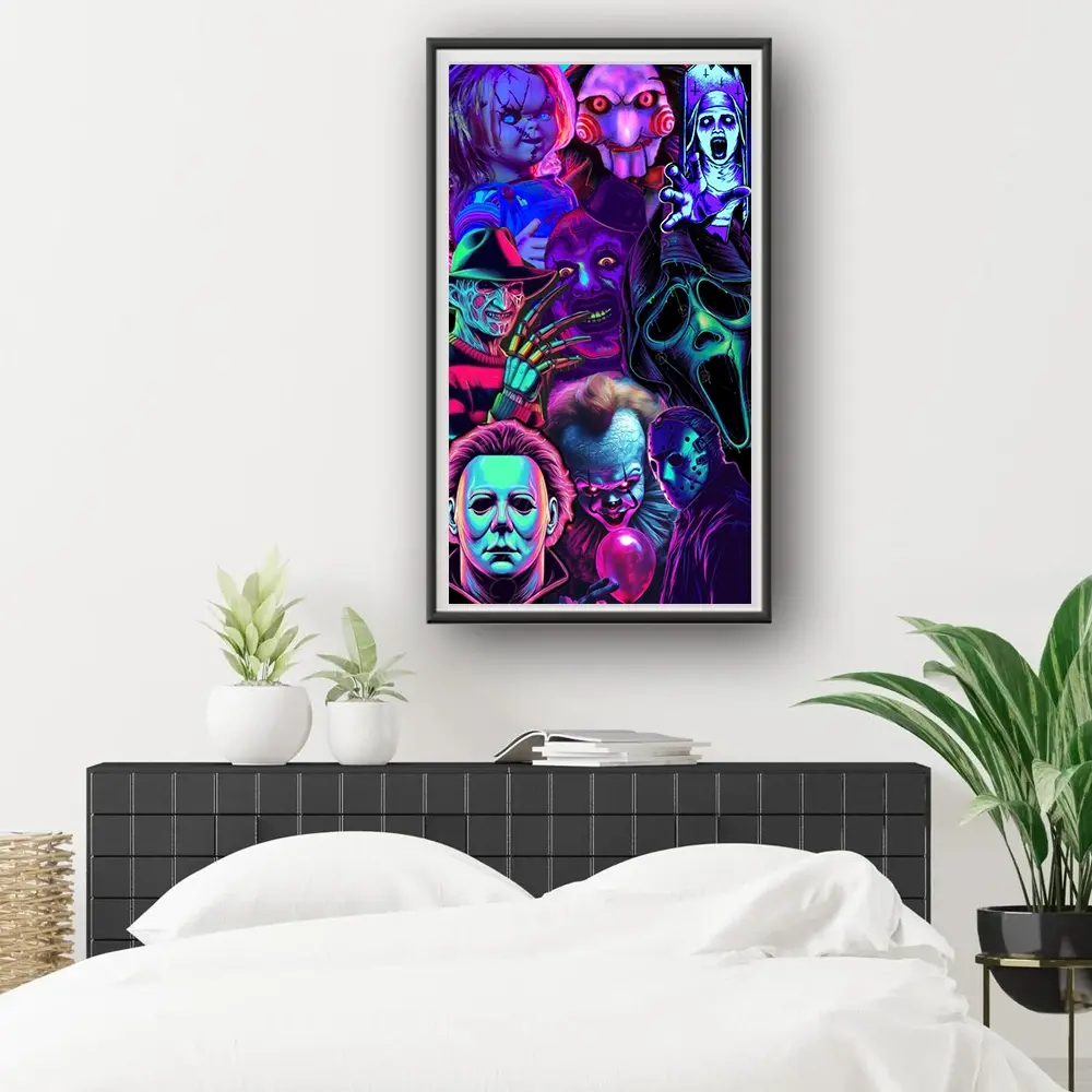 One 2D Flat Unframed Handmade DIY Diamond Painting Kit Cool Neon Horror Movie Classic Characters Style Suitable for Horror Fans to Decorate Bedroom and Living Room Walls