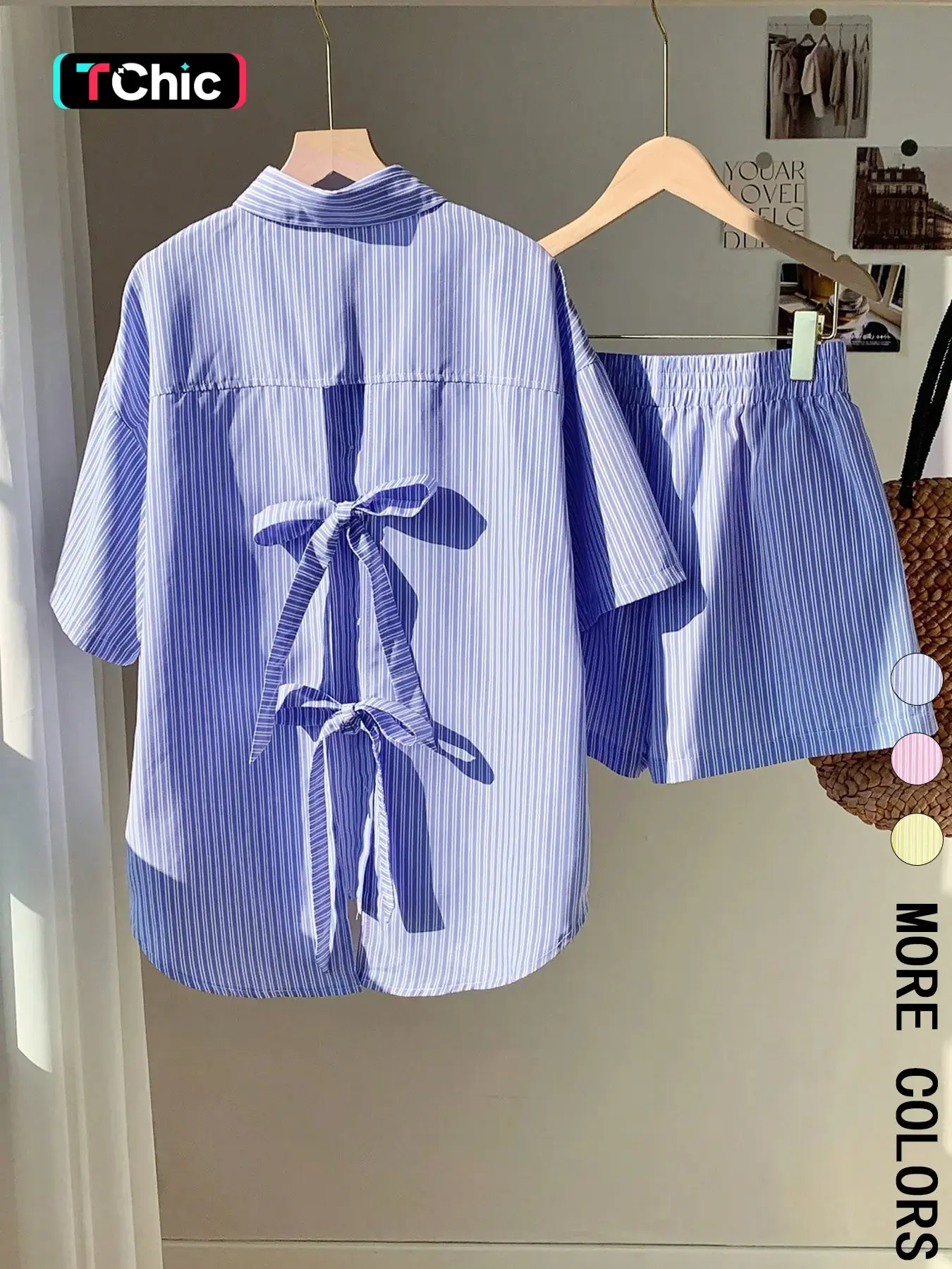 Two-piece Matching Set Women's Striped Print Bow Back Oversized Top & Shorts, Casual Button Top & Shorts for Summer, Ladies Clothes for Vacation Holiday Aesthetic