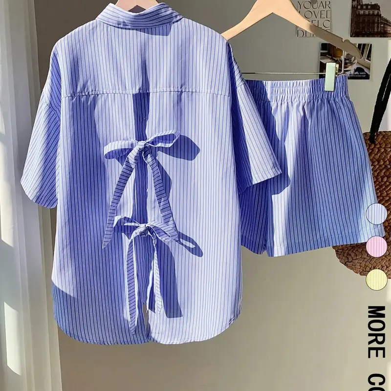 Two-piece Matching Set Women's Striped Print Bow Back Top & Shorts, Casual Button Top & Shorts for Summer, Ladies Clothes for Vacation Holiday Aesthetic, Shorts and Tops