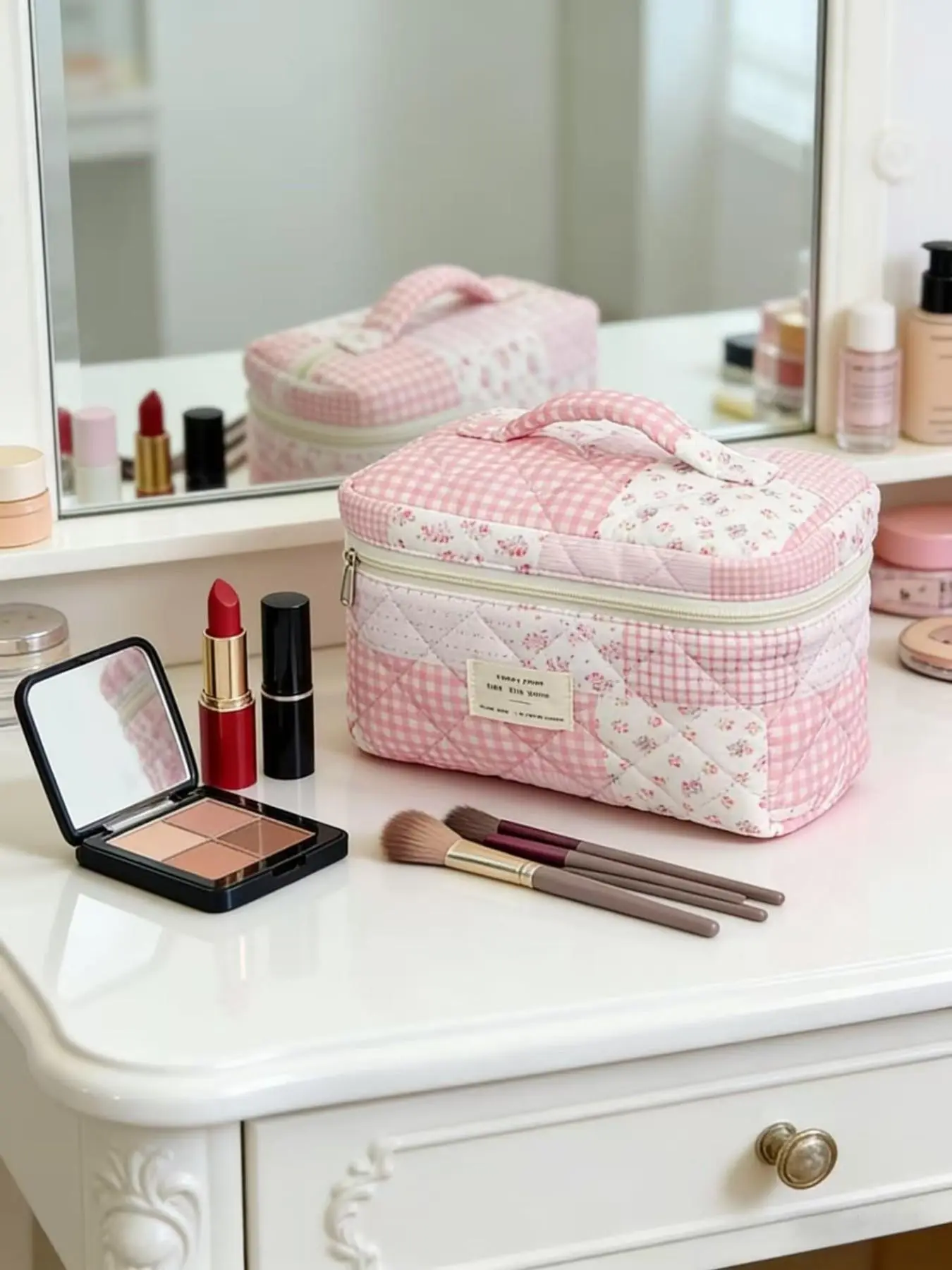 1pc / 3pcs Pink Floral Gingham Patchwork Quilted Makeup Bag, Large Capacity Portable Cosmetic Storage Pouch with Handle, Cute Travel Wash Bag, Travel Beauty Bag for Girls Women