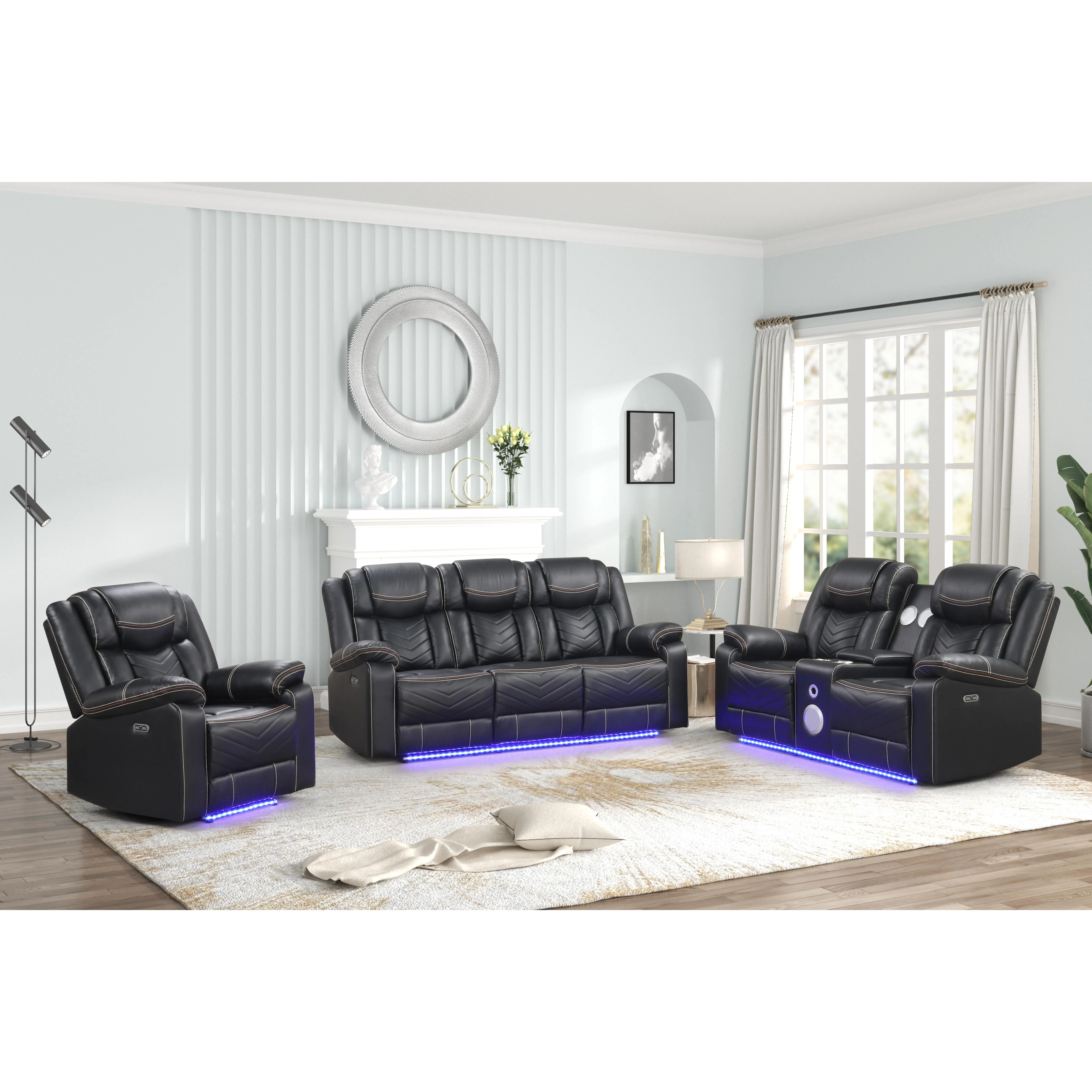 Nokaa Modern 6-Seat Power Reclining Sofa Set with LED Lights, Faux upholstered Living Room Furniture, Bluetooth Speakers, Cup Holders, USB Ports, Fold-Down Console, Hidden Storage, Black