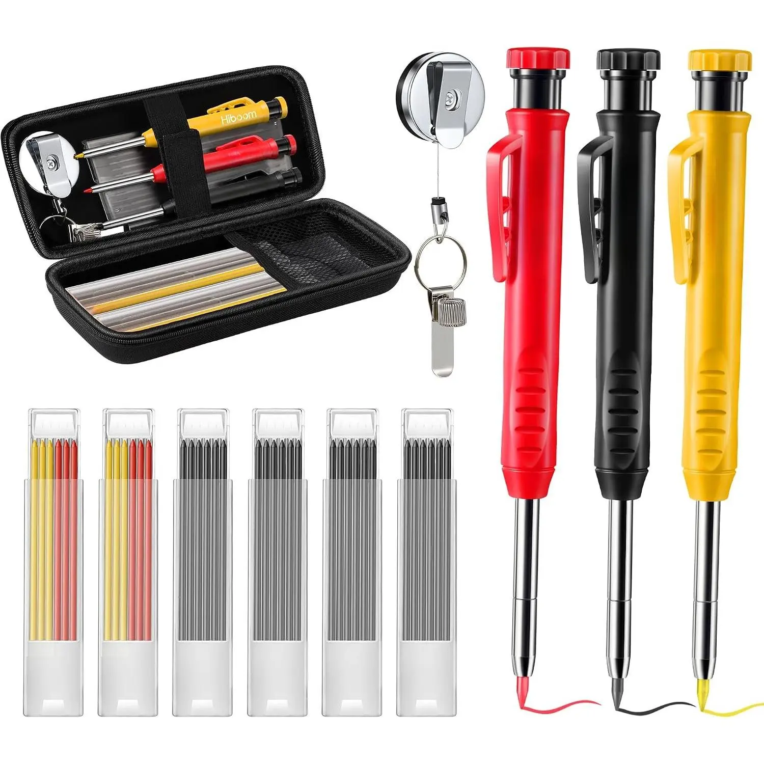 Carpenter Pencil Set with Heavy-Duty Retractable Holder & Case | Kit with 3 solid pencils (45mm deep tip), 36 refills (3 colors), -in sharpener & anti-loss retractable metal holder