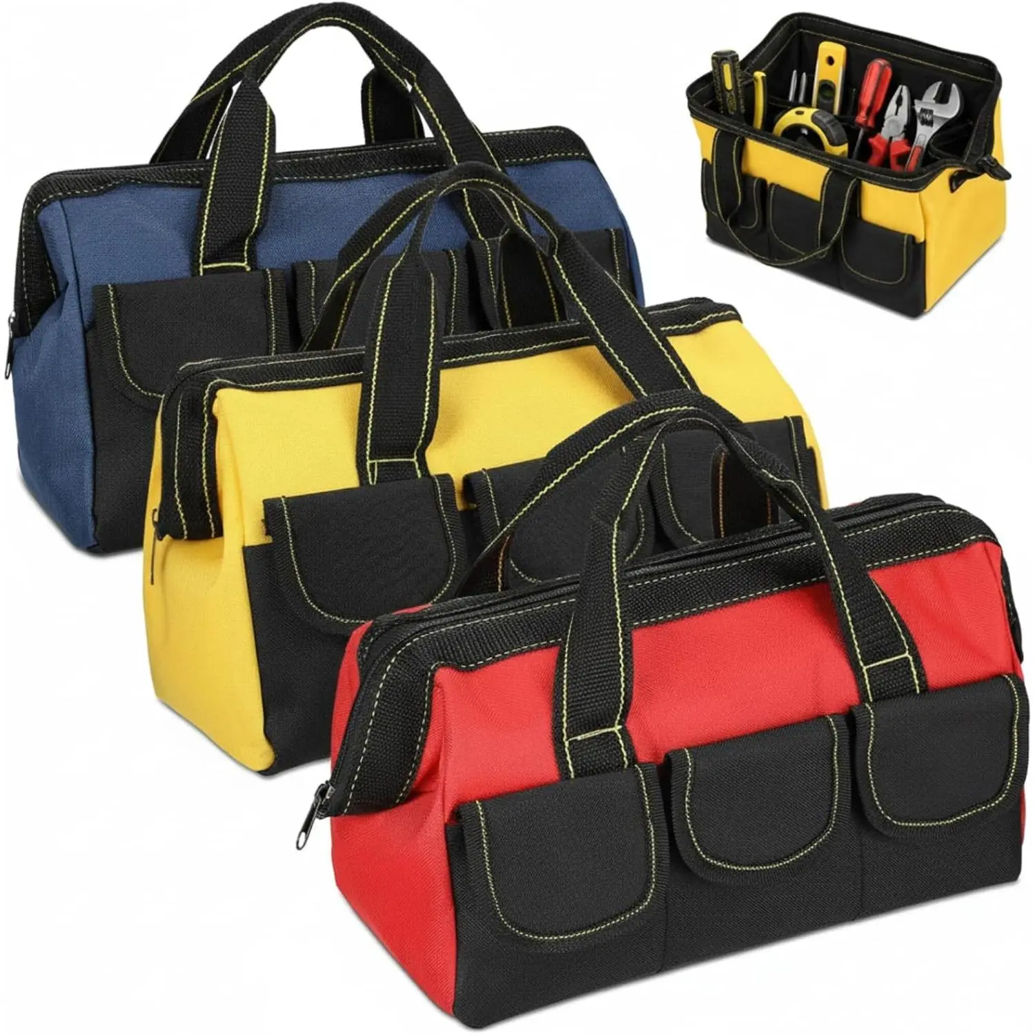 3 Pack Tool Bag for Men with Waterproof Hard Bottom, Heavy Duty Tool Bag Wide Mouth Tote for Various Instrument, Electrician Carpenter Mechanic(Blue, Red, Yellow,18 Inch,Classic)