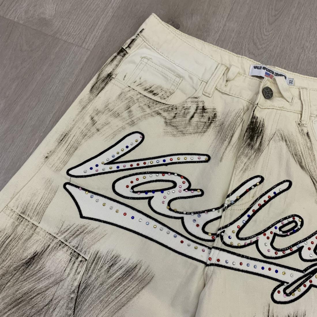 Vale Sports Valley Dreams Vintage Washed Distressed Print Full Rhinestone Bling Diamond Harajuku Letter Embroidery Baggy Denim Shorts European American Hip Hop Y2K Streetwear Loose Knee Length Casual Sparkly Trendy Jeans Shorts For Men Unisex