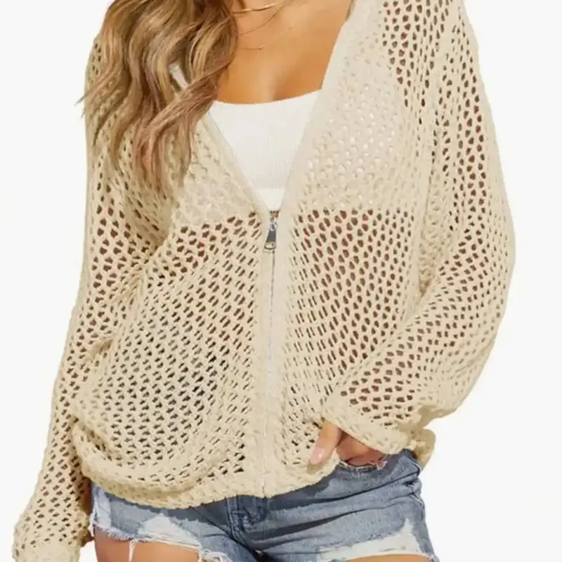 Women's Knitted Open Front Cardigan Coat with Long Sleeves and Zipper, Classic Hollow Design, Mesh V Neck, Loose and Comfortable Casual Wear, Casual Fashion Knitwear, Casual Chic Knitwear for Spring and Summer