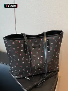 Fashionable Bowknot & Cherry Pattern Tote Bag, Casual Versatile Shoulder Bag for Women, Trendy All-match Bag for Daily Use, Shoulder Totes