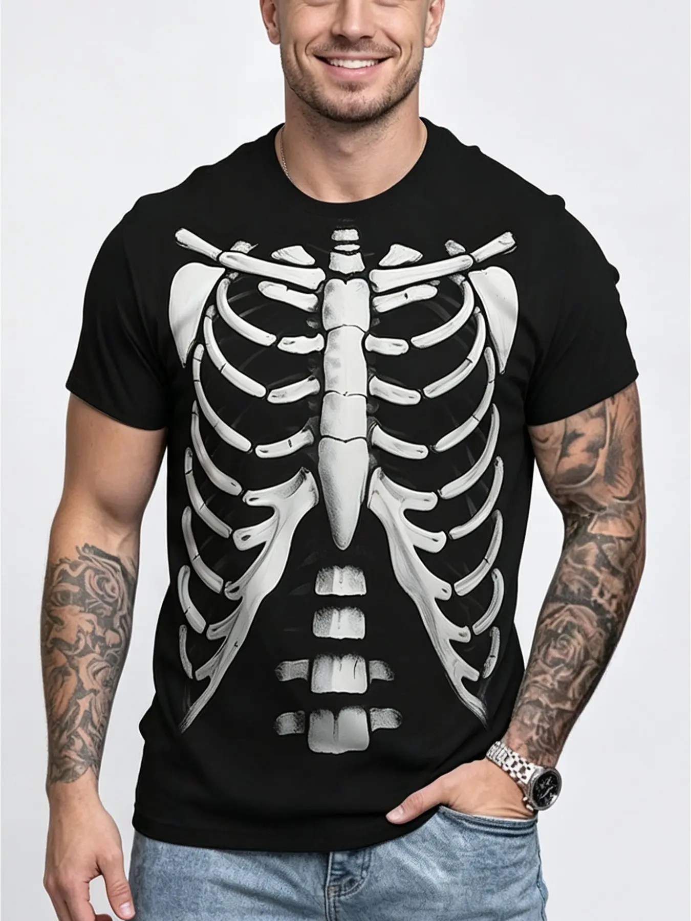 Front And Back 3D Aesthetic Skeleton Rib Cage Printed Mens Short Sleeve T Shirt Halloween Gothic Punk Crew Neck Daily Outer Wear Casual Tee