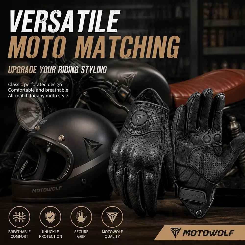 Men's PU Leather Motorcycle Gloves, Breathable Classic Bike Gloves, Outdoor Sports Riding Touchscreen Gloves, Comfortable and Durable