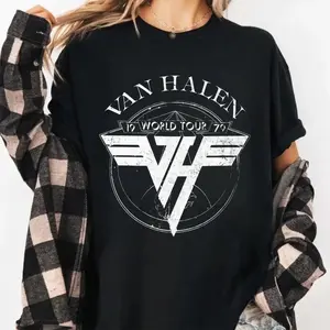 [SALE UP TO 30%] Lady's Short-Sleeve Van Halen Logo 1979 World Tour Unisex Heavy Cotton T-Shirt - 100% US Fabric, Customized Print, Design in USA, S-5XL Sizes (Womenswear Tops)