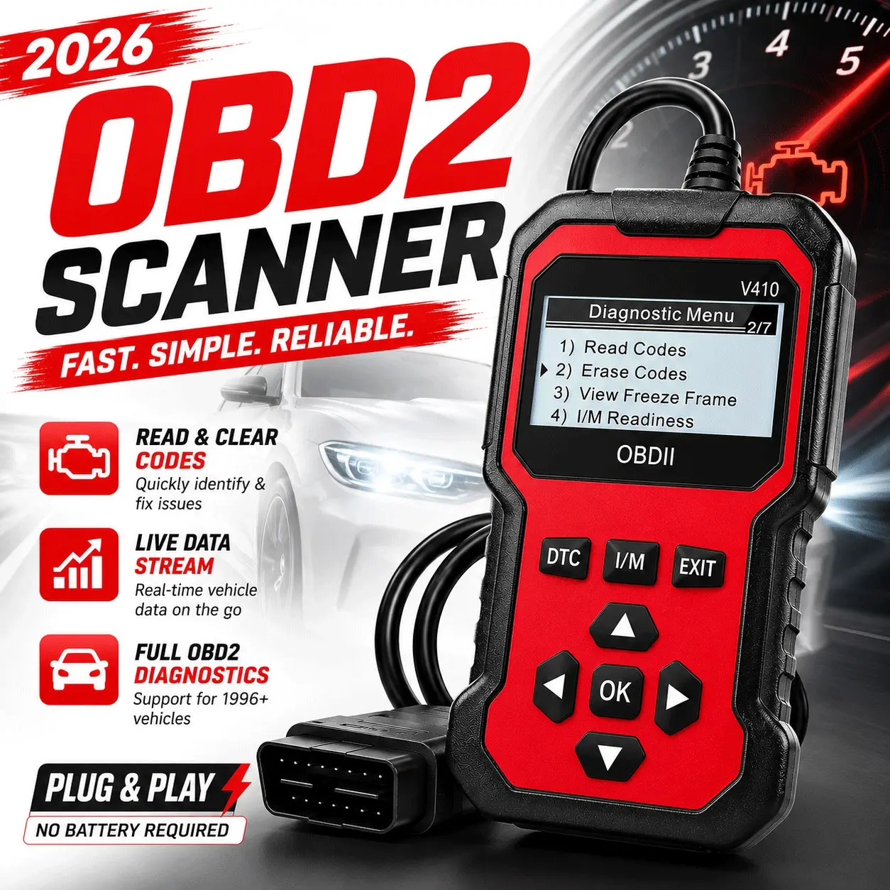 V410 Obd2 Scanner Automotive Diagnostic Tool, Compatible with Cars and Trucks Since 1996, Data Stream Function, I/m Ready Status Detection, Voltage Test Feature