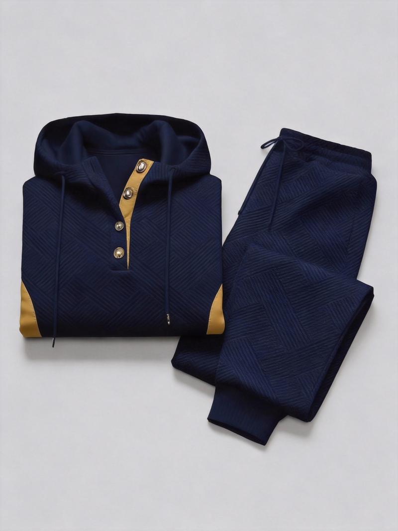 Men's 2-Piece Beige Tracksuit (Hoodie & Joggers) - Diamond Texture, Half-Button Placket (Brown Accent), Casual Stylish Outfit