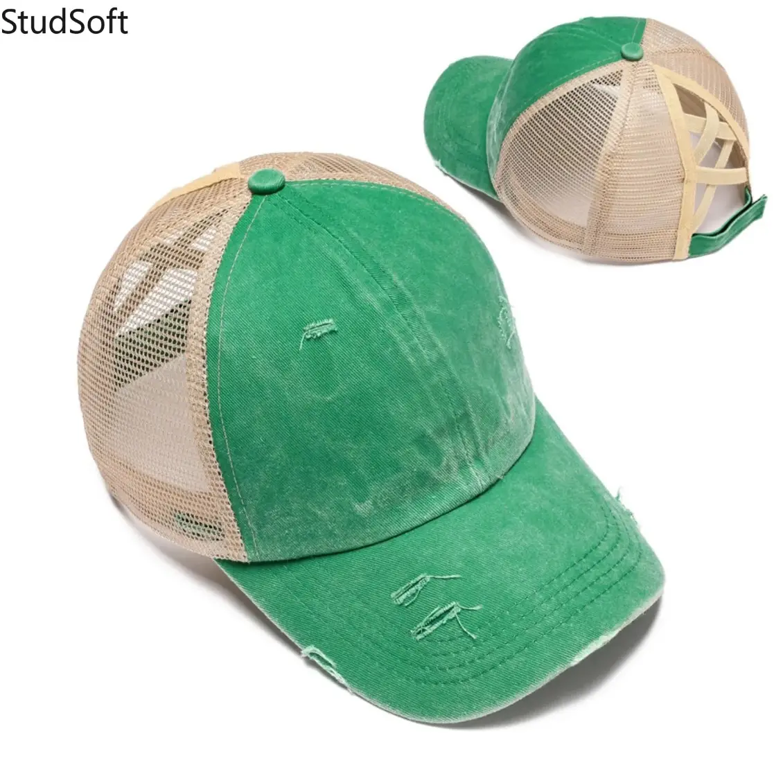 Women’s Ponytail Trucker Hat, Aesthetic Washed Distressed Mesh Cap with Adjustable Fit, Criss Cross Back Strap & Open Hole Design, Lightweight Breathable Outdoor Sports Hat for Running, Hiking, Travel, Beach and Everyday Casual Wear