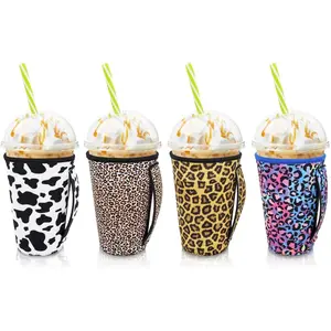 4Pack Reusable Iced Coffee Sleeve Insulator Sleeves for Cold Drinks Beverages, Neoprene Cup Holder for Most Coffee, Fits 30-32oz Large Cups (Animal Pattern With Handle)