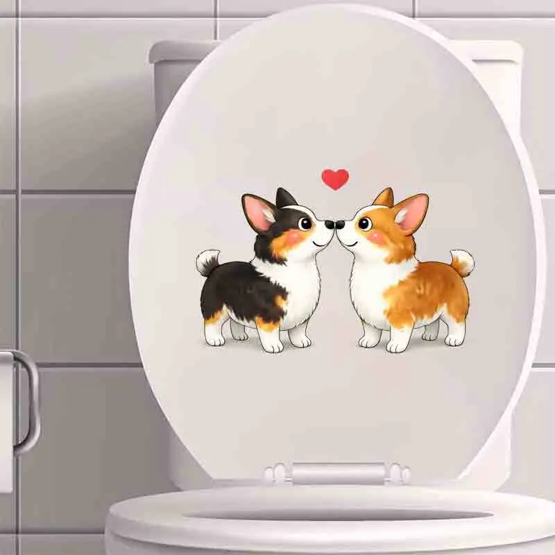 Cute Corgi Couple Toilet Decal Waterproof Bright Cartoon Bathroom Sticker Heart Shaped Corgi Pattern Fun Home Decor For Bathroom Lid Toilet Jar Living Room Wall Decoration