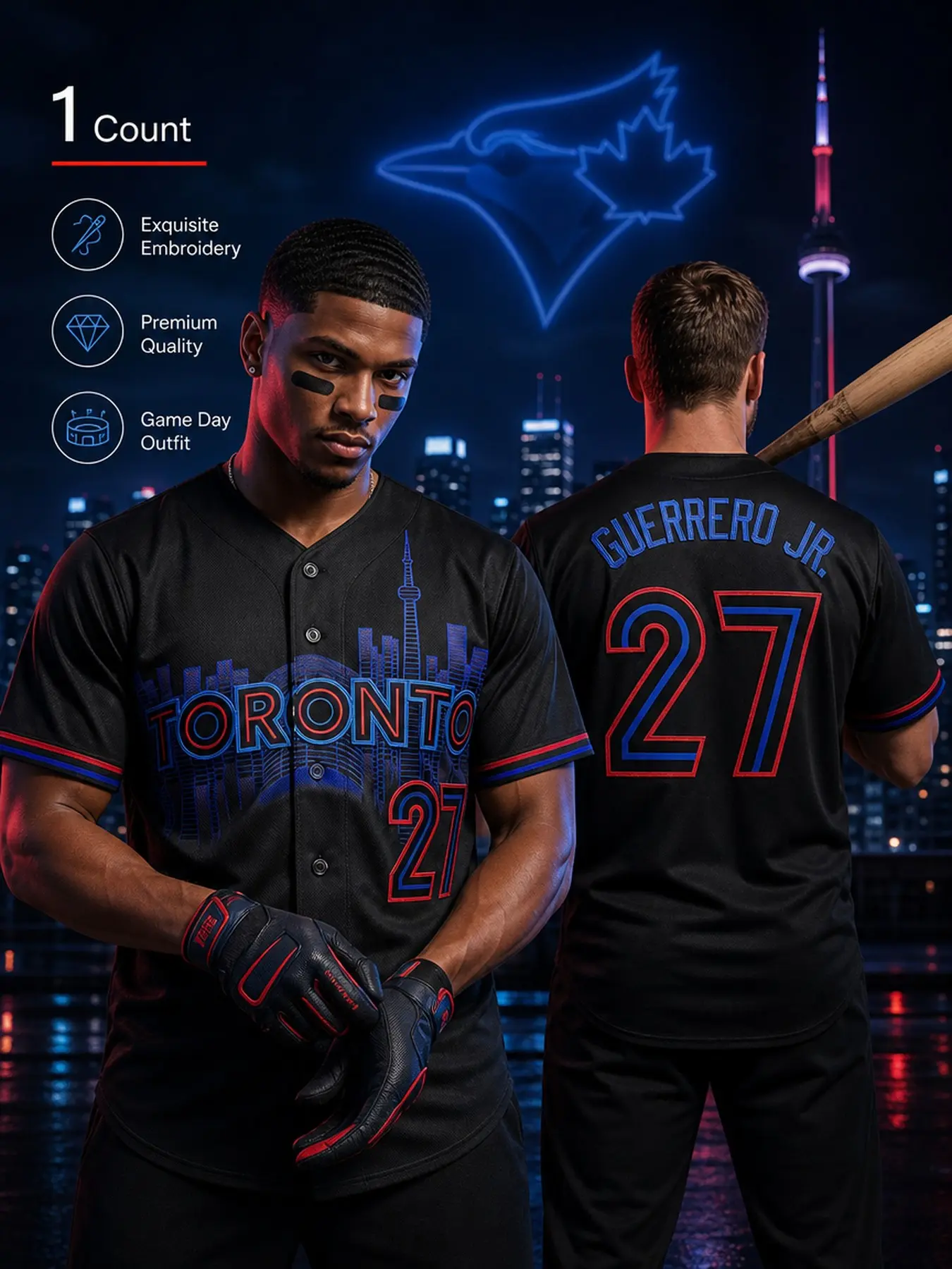 Toronto City #27 Baseball Jersey for Men Women, Black Button‑Up Short Sleeve Jersey with City Skyline Sublimation Print, Casual Sports Uniform for Street & Game Day