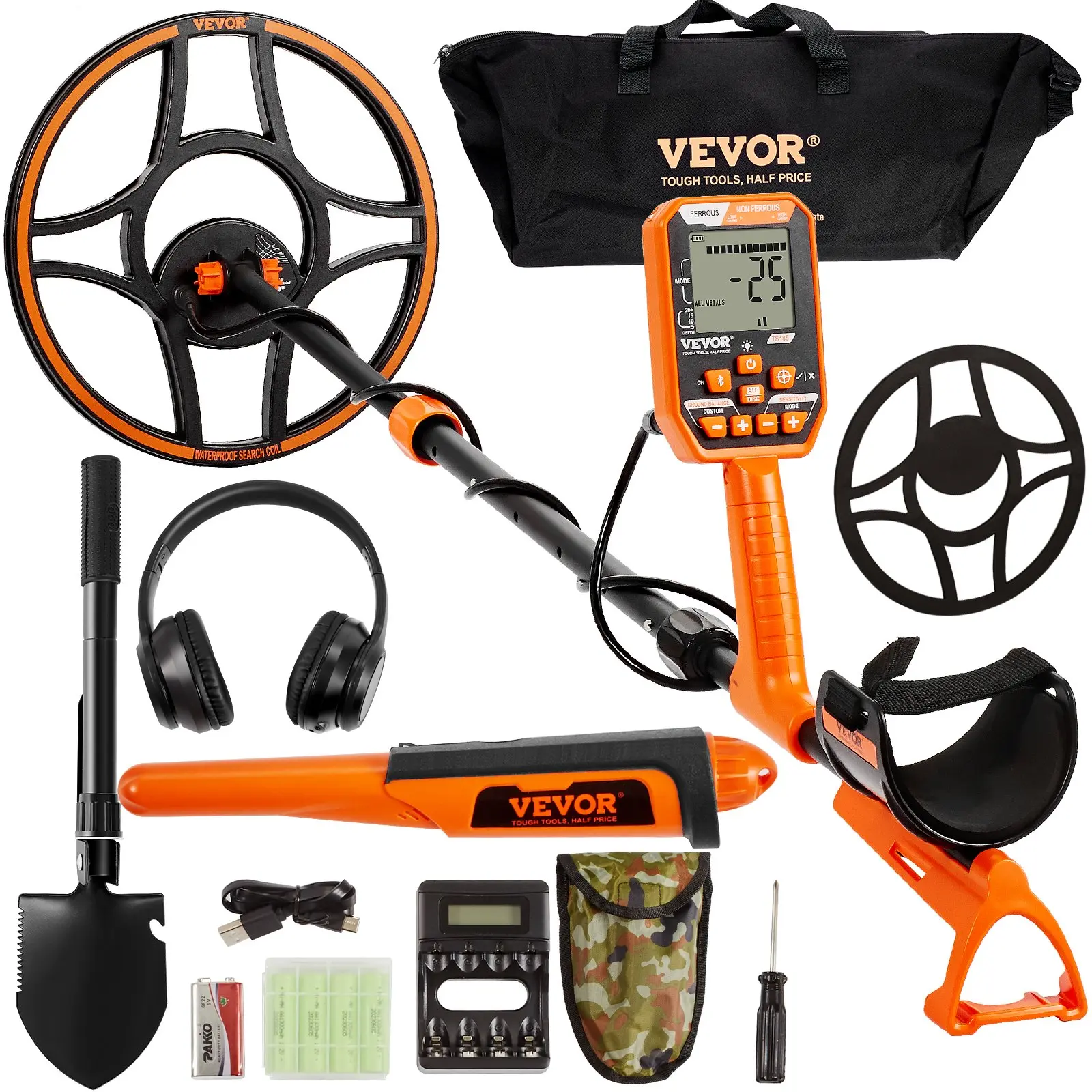 【DealsForYouDays】VEVOR Waterproof Metal Detector, 12 Inch Coil, Professional Rechargeable Gold Detector for Treasure Hunters, 39-50 in Adjustable, LCD 7 Modes, Advanced DSP Chip, Bluetooth Headset, IP68, 10 ft Underwater, Built to Last Hand Tool, Handbag,