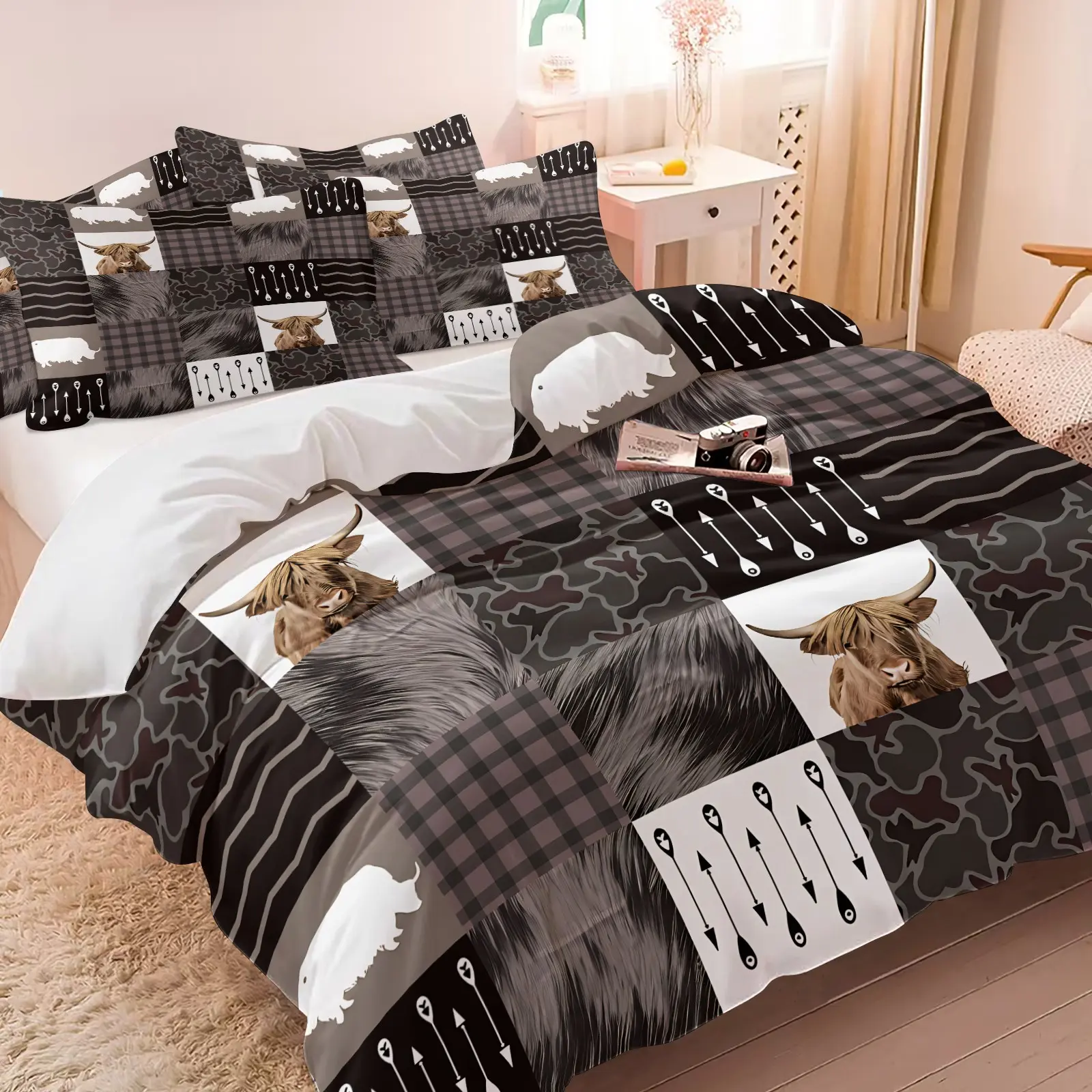2/3Pcs Western Highland Cow Patchwork Duvet Cover Set Soft Microfiber Plaid Arrow Camo Print Bedding Set Rustic Farmhouse Style Bed Cover No Comforter For Country Bedroom All Season Decor