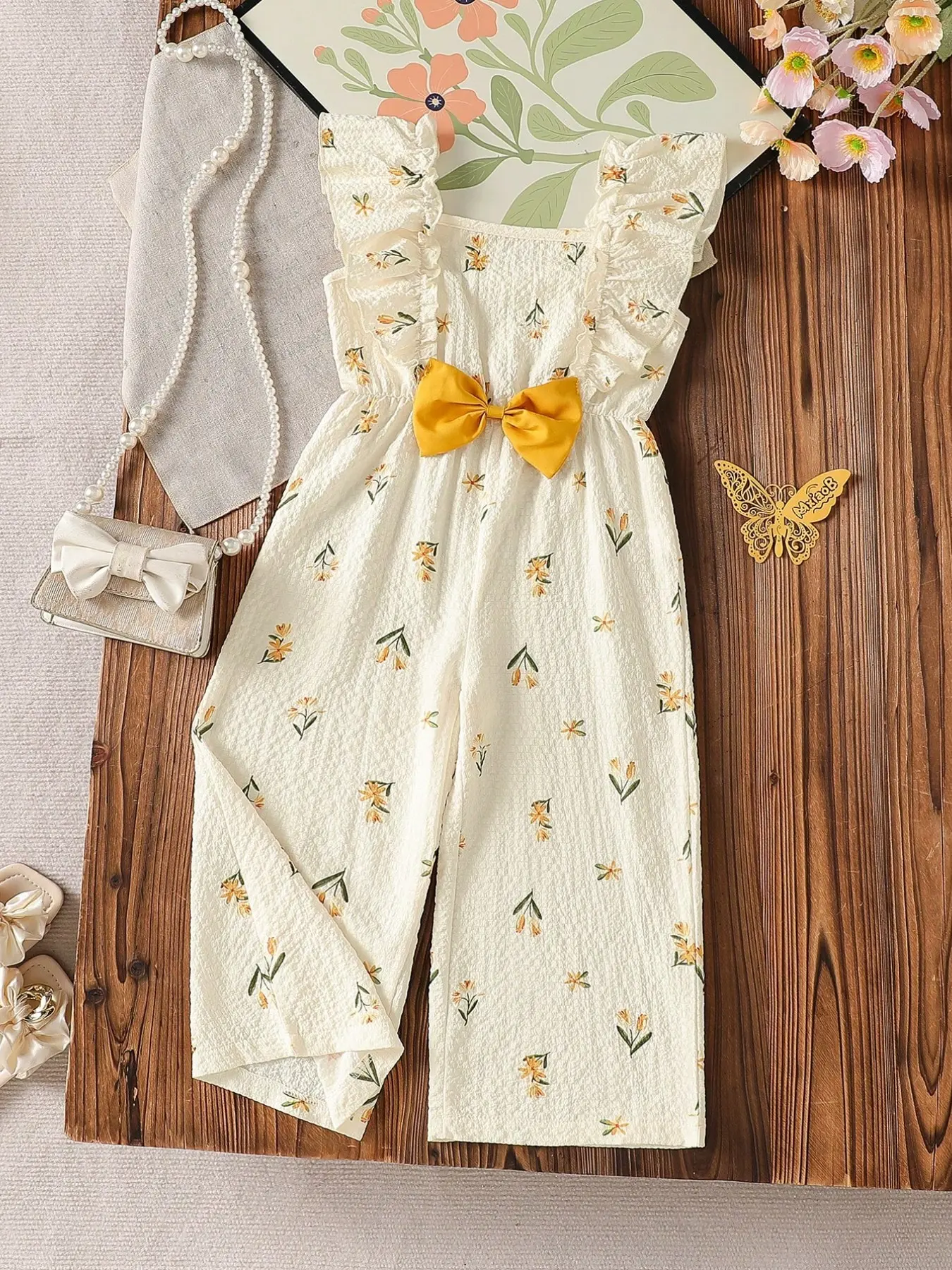 Girls' Casual Butterfly Knot Floral Print Soft Comfortable Woven Fabric Sleeveless Romper, Perfect for Outdoor Wear, Spring Summer Style