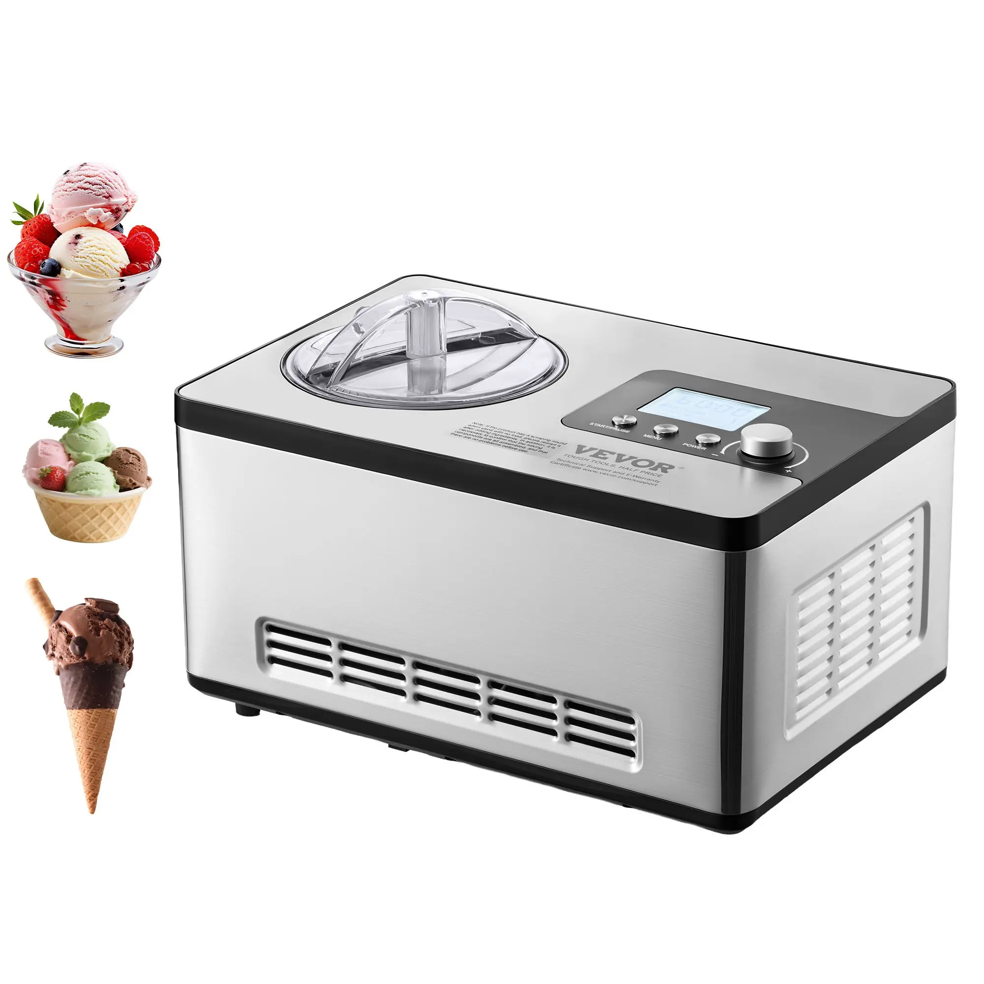 【DealsForYouDays】VEVOR Automatic Ice Cream Maker with Built-in Compressor, 2 Quart No Pre-freezing Fruit Yogurt Machine, Stainless Steel Electric Sorbet Maker, 3 Modes Gelato Maker with LCD Display Timer, Silver