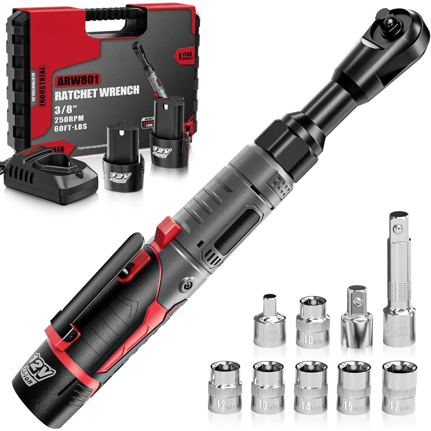 12V Cordless 3/8"-Drive Flex Head Ratchet Wrench Set, 60FT-LBS(80N.m) Electric Ratchet, Variable Speed, 6 Sockets, LED Light, 1/4"-1/2" Adapters, 2 Batteries, Flex Head Ratchet Spanners & Wrenches