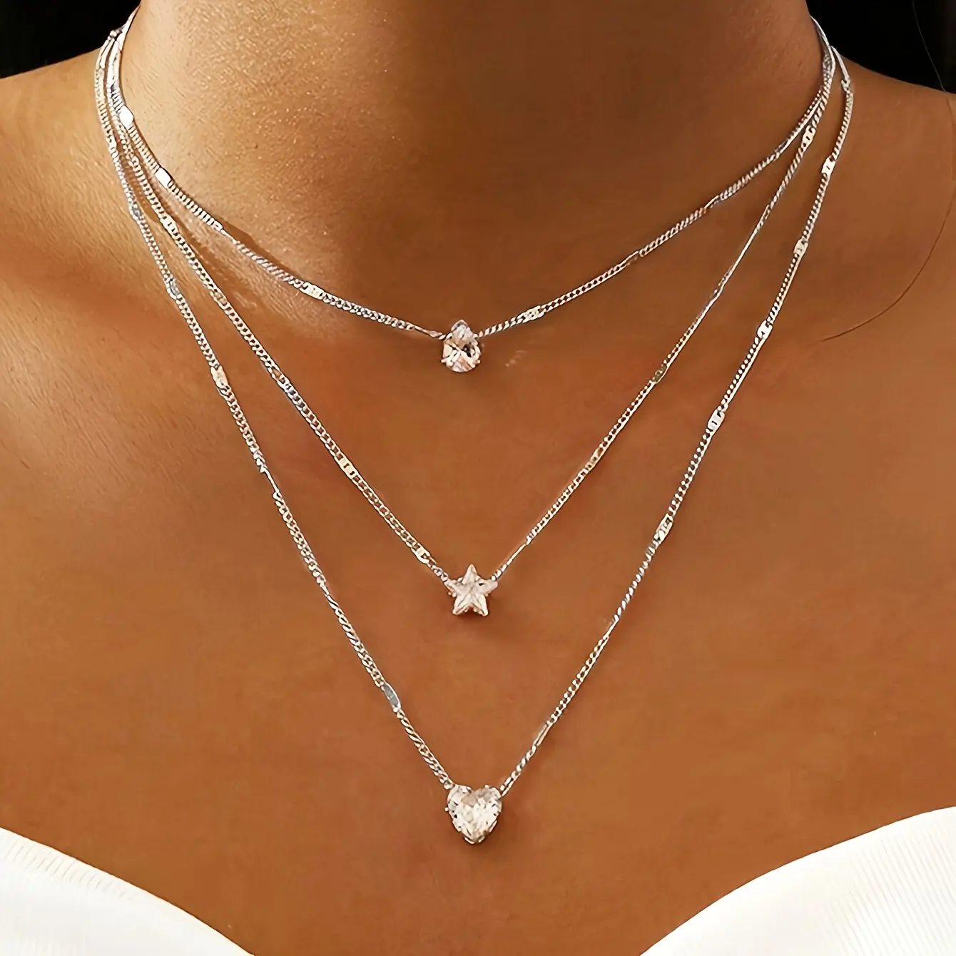 [Artificial Crystal Necklace] Multi-Layered Necklace with Artificial Crystal Pendants - Vintage And Trendy Style - Hearts, Stars And Drops - Suitable for Festive And Everyday Wear