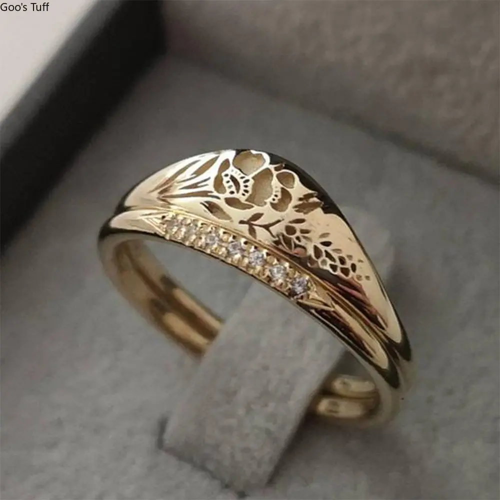 Hollow Floral Engraved Ring for Women, Gold-Tone Costume Jewelry with Paved Crystals for Dating & Daily Wear, Mdf+Steel