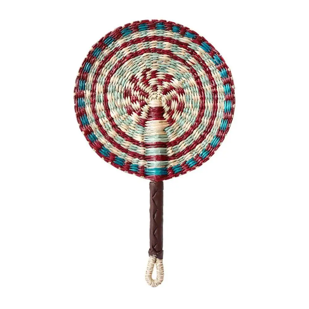 Colorful Striped Patterns Seagrass Woven Fan Bohemian Anti-Mosquito Hand Braided Fan Portable Natural Cattail Fan School/Office