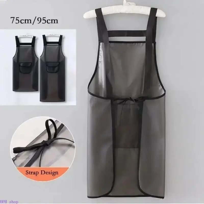 Synthetic PVC Bib Apron for Kitchen Use, Waterproof & Oil-Proof Cover in Transparent Black, Reusable & Durable in 2 Sizes (75cm/95cm), Two Sizes