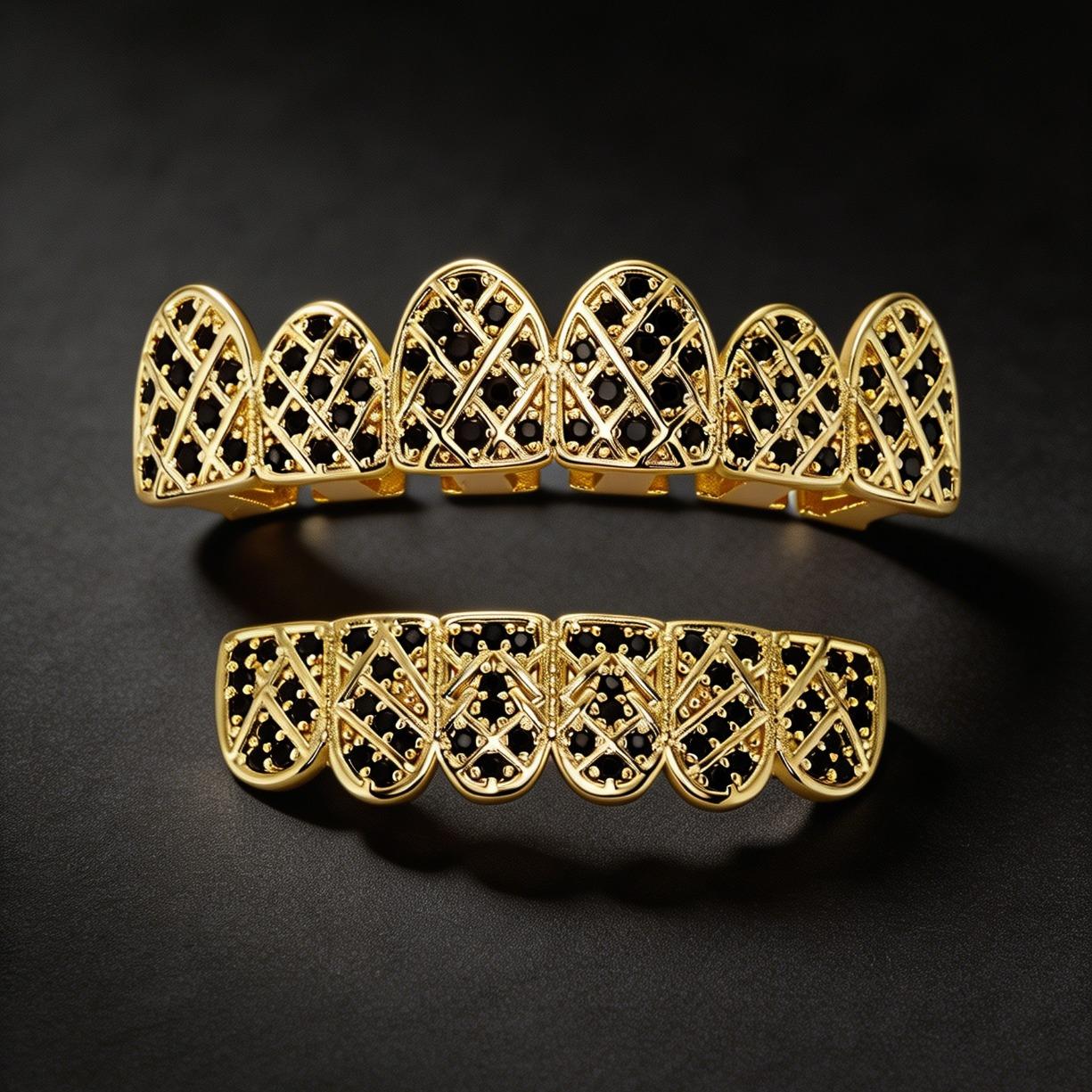 2PCS Set Halloween Gold Plated Iced Out Tooth Grillz VVS Moissanite Top Bottom Hip Hop Rapper Mouth Jewelry Streetwear Costume Trendy Gift