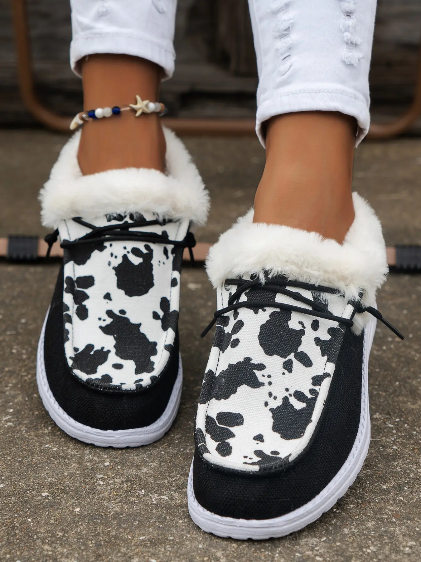 Women's Fleece Lined Cotton Shoes, Retro Cow Print Fashion Style, Thick Fur Lining Warmth Retention, Ideal for Fall Winter Home Daily Commute Shopping