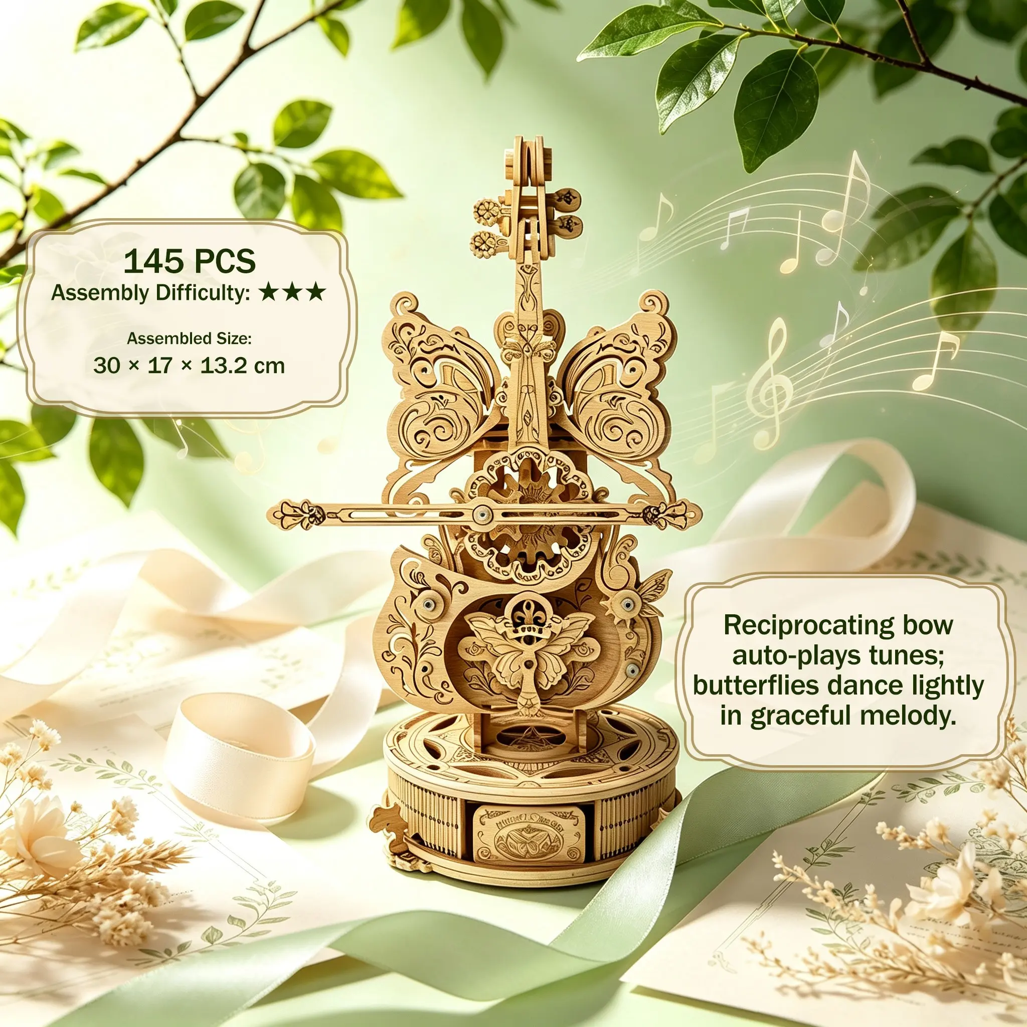 Wooden Violin 3D Puzzle Music Box, DIY Handmade Mechanical Model, Creative Desktop Decoration, Birthday Gift for Music Lovers