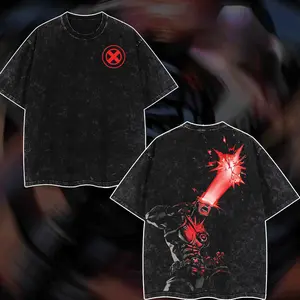 Retro Optic Blast Bold Red X-Men X Symbol Front Chest Print & Red Laser Beam Blast Cyclops Hero Back Graphic Dual-Sided Vintage Washed Black T-Shirt, Unisex Oversized Heavyweight Cotton Streetwear Top, Ideal Gift for Optic Blast X-Men Fans