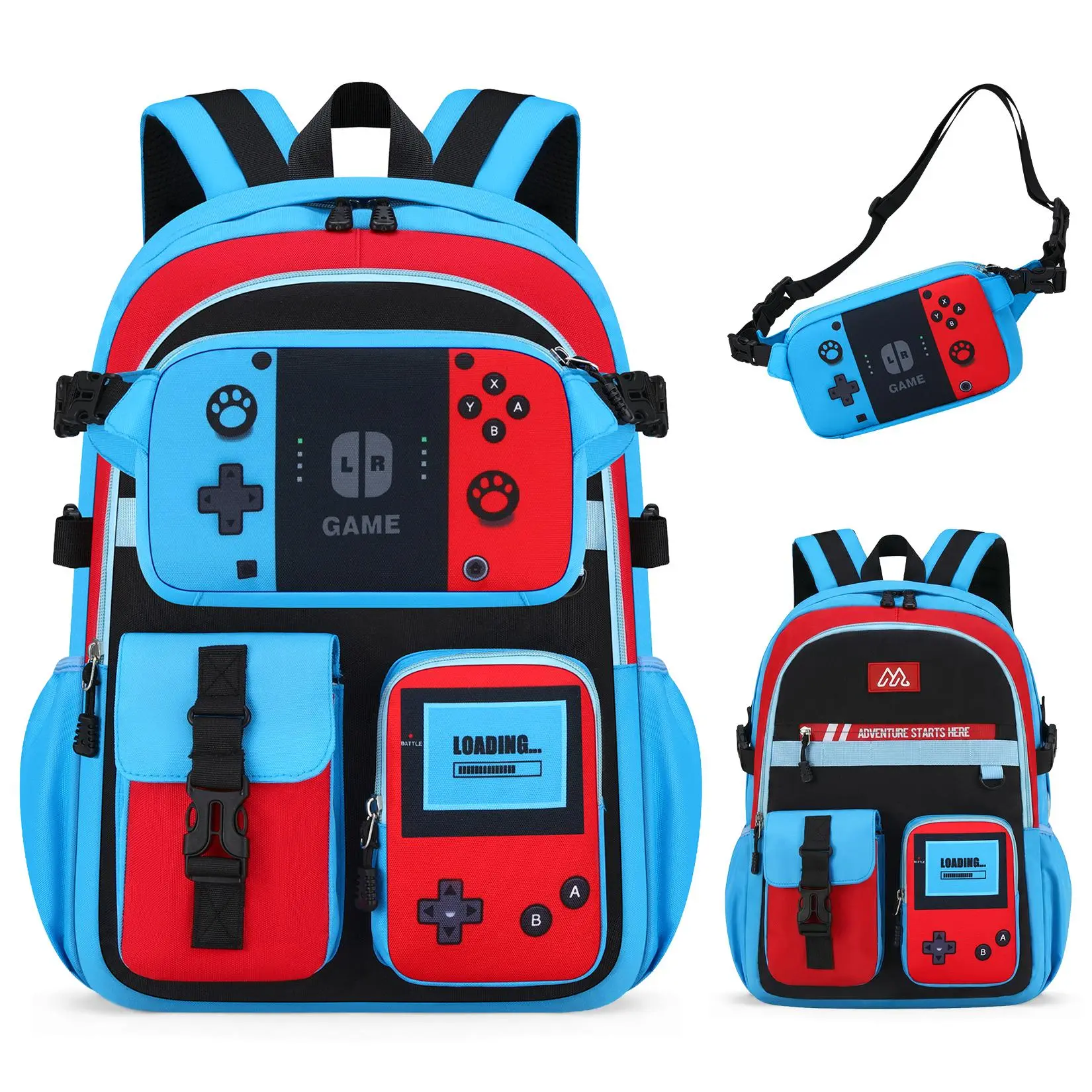 2‑IN‑1 School Backpack for Boys - Gamer Backpack for Boys with Waist Bag, 18″ Large Capacity Students Bag for Kids Children Teens Elementary Middle School