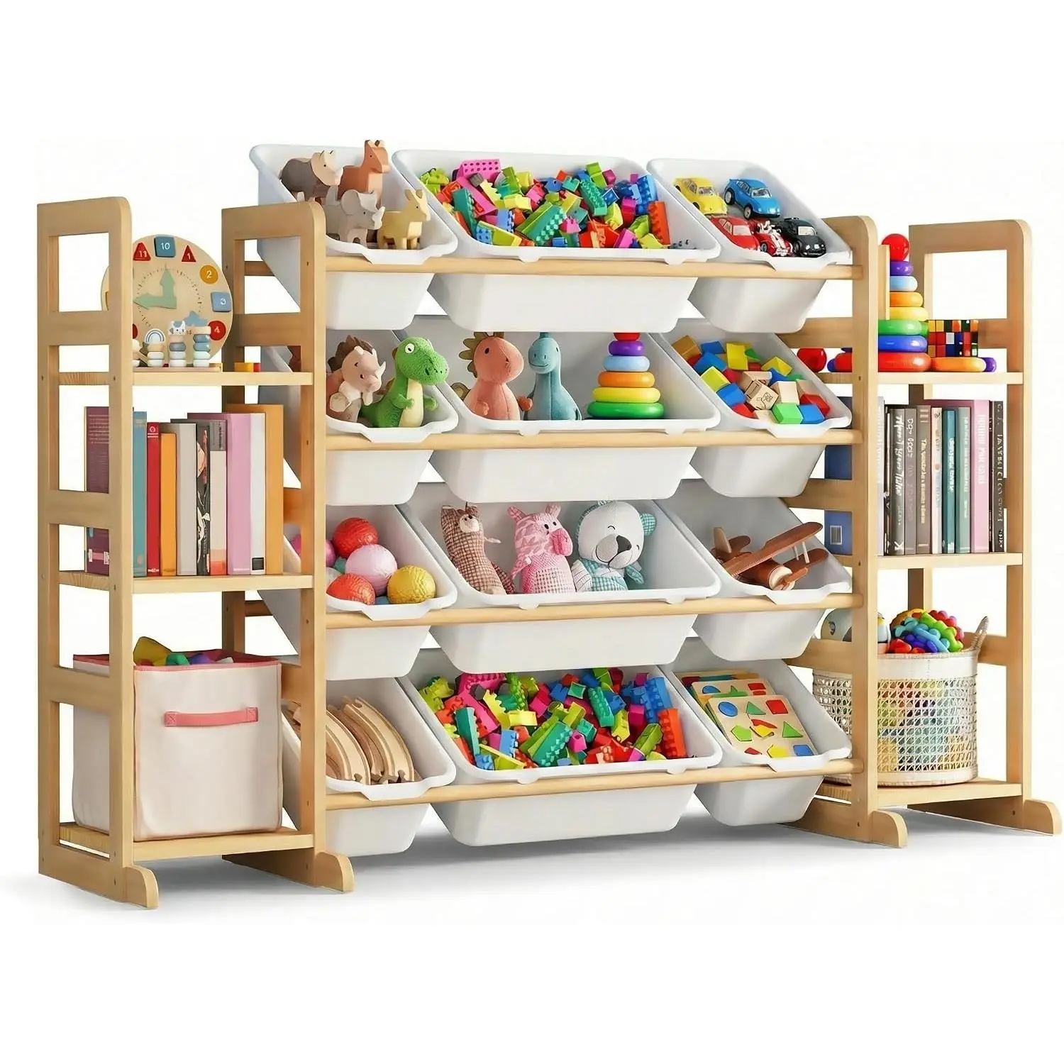 Kids Toy Storage Organizer with 12 Bins, 100% Solid Wood - Natural Finish Montessori Toy Organizer, BPA Free, CPC & TIC Certified Playroom Organization for Living Room & Nursery, 52.3"
