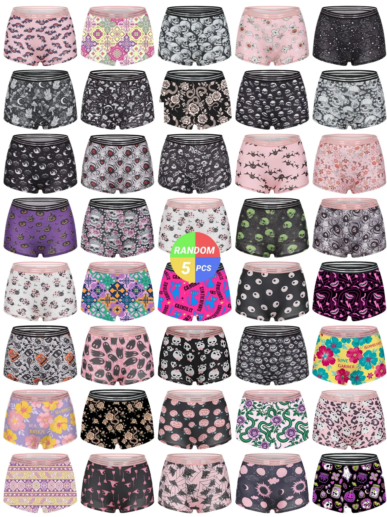 Morvia 5pcs Women's Random Boyshorts Underwear Set, Comfortable Soft Elastic Waistband, Casual Fitted Design, All Season Wear, Random Prints, Casual Soft Panties