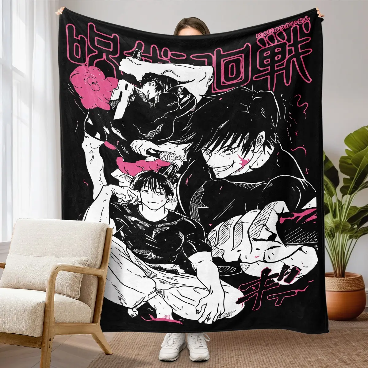 1PC Jujutsu Kaisen Megumi Fushiguro Flannel Fleece Blanket, Manga Collage Print, Warm Multi-use Throw for Indoor Camping, Christmas Gift for Anime Lovers