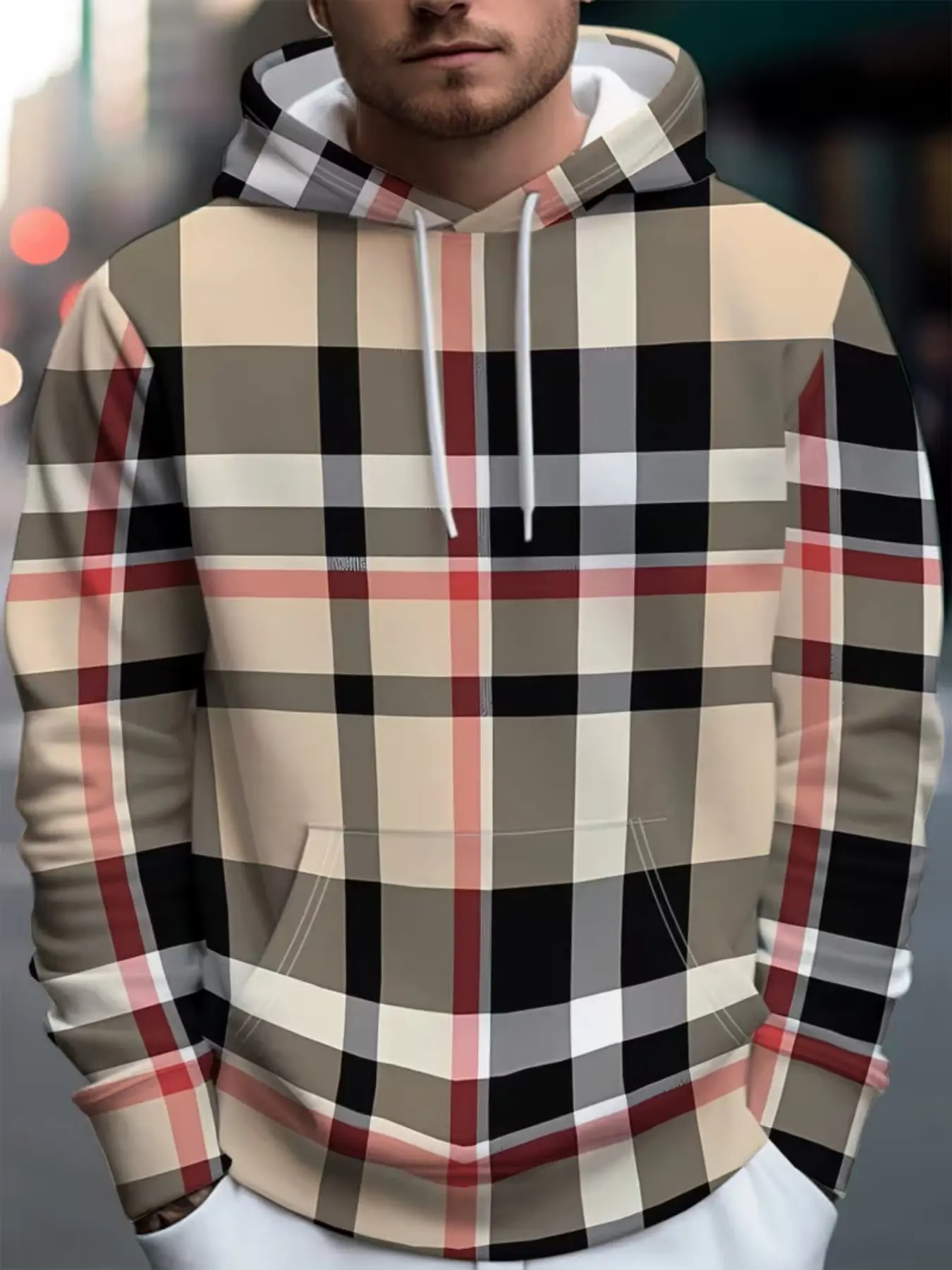Men's Plaid Hooded Sweatshirt, Casual Fashion Pullover Hoodie, Long Sleeve Fall & Winter Outerwear, Loose-Fitting Graphic Top