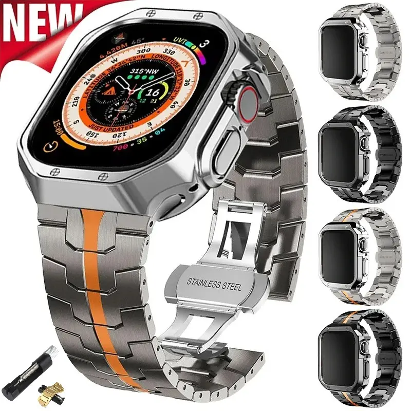 Luxury Stainless Steel Band Strap + TPU Full Protective Case Cover for Apple Watch ( Series 1 2 3 )42mm 44mm 45mm 46mm 49mm Metal Link Bracelet Ultra 3 2 1 Series 11 10 9 8 7 6 5 4 3 2 1 SE3 SE2 SE Shell Bumper Adjustable Wristband Accessories Replacement