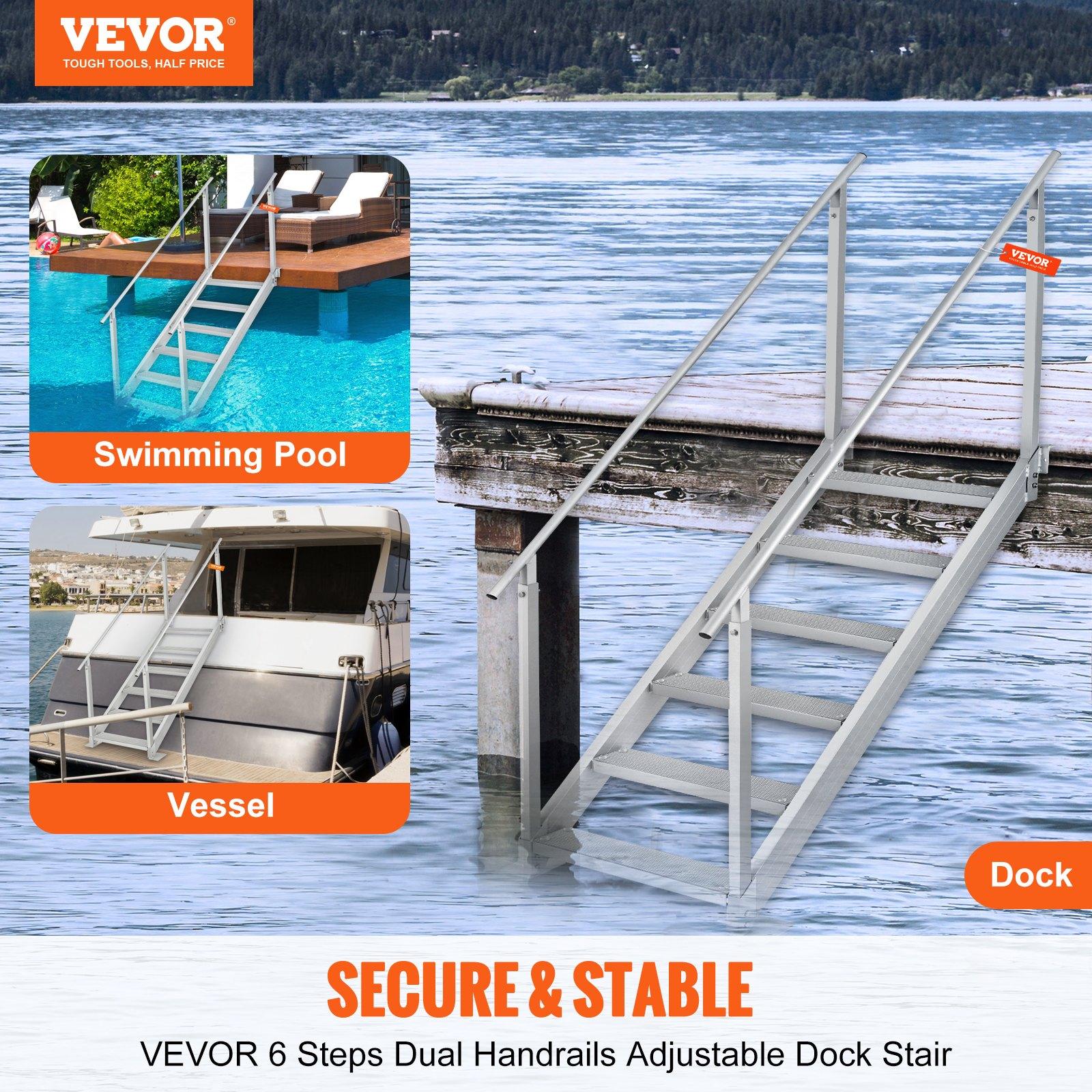 【Summerfinds】6-Step Aluminum Adjustable Dock Ladder, 43-51in Free Height Adjustment, 500lbs Load Capacity, Dual Nonslip Mat Rails, Comfortable Walking, 31.5x72.8x82.3in Size, Ideal for Swimming Pools, Safe for Child & Elderly, Handrail