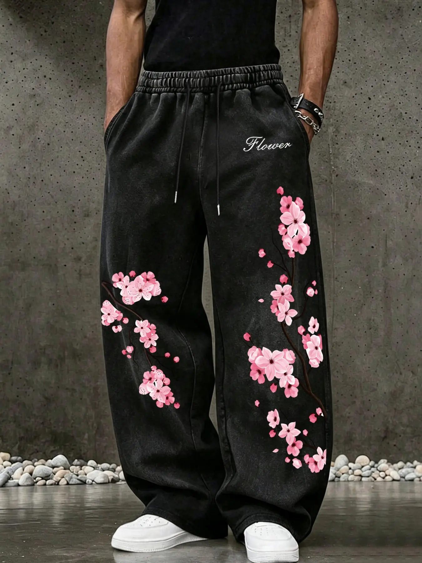 Neutral Vintage Washed Cotton Sport Pants, Long Cherry Blossom Floral Letter Print Sweatpants, Loose Fit Streetwear for Fall & Winter