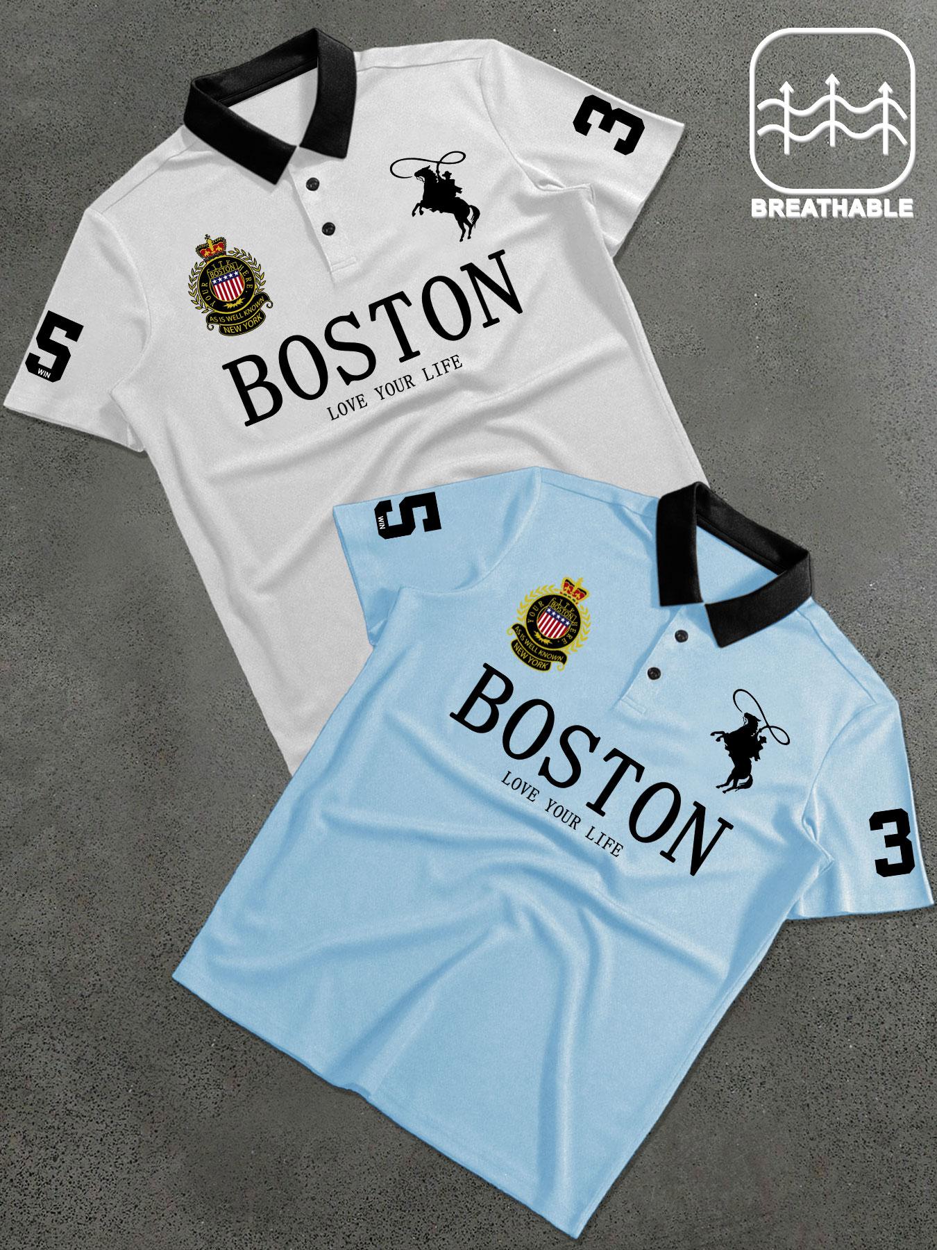 Men's Letter & Number Print Polo Shirt, Fitted Casual Collared, Regular Fit Casual Short Sleeve Top for Daily Outdoor Wear, Fashion Men's Clothes for All Seasons