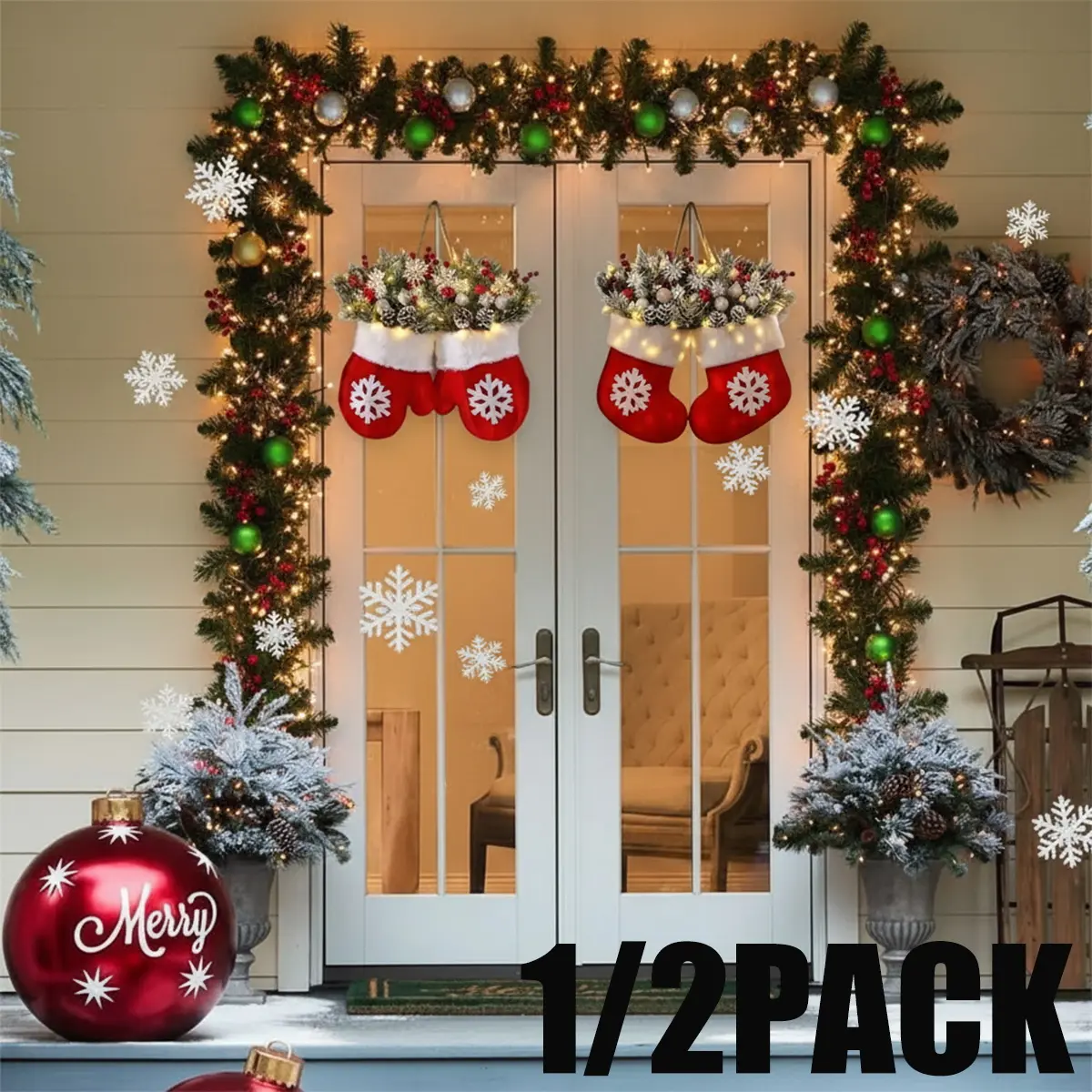 1/2 Pcs LED Lighted Christmas Glove Stocking Wreath with Artificial Pine Branches, Red Berries, Frosted Pinecones, Easy to Install Indoor Outdoor Decor for Front Door, Mantel, Wall