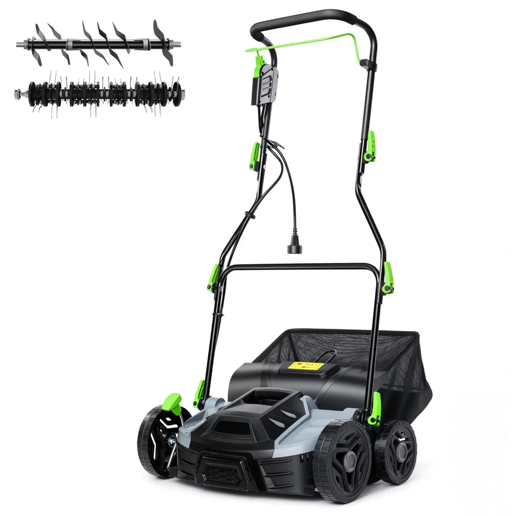 15.5A Electric Lawn Dethatcher and Scarifier with 14.5 Gal Big Collect Bag, 2-in-1 Dethatcher and Aerator 14.5 in, 5-Position Height Adjust Thatcher for Lawn, Steel-Blades, Quick-Fold Handle Power Rake