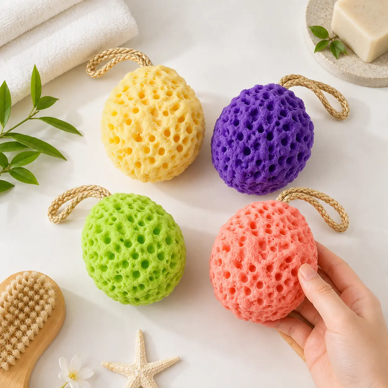 4 Pack Honeycomb Bath Sponge, Soft Exfoliating Body Scrubber with Hanging Rope, Shower Sponge for Daily Bath Care