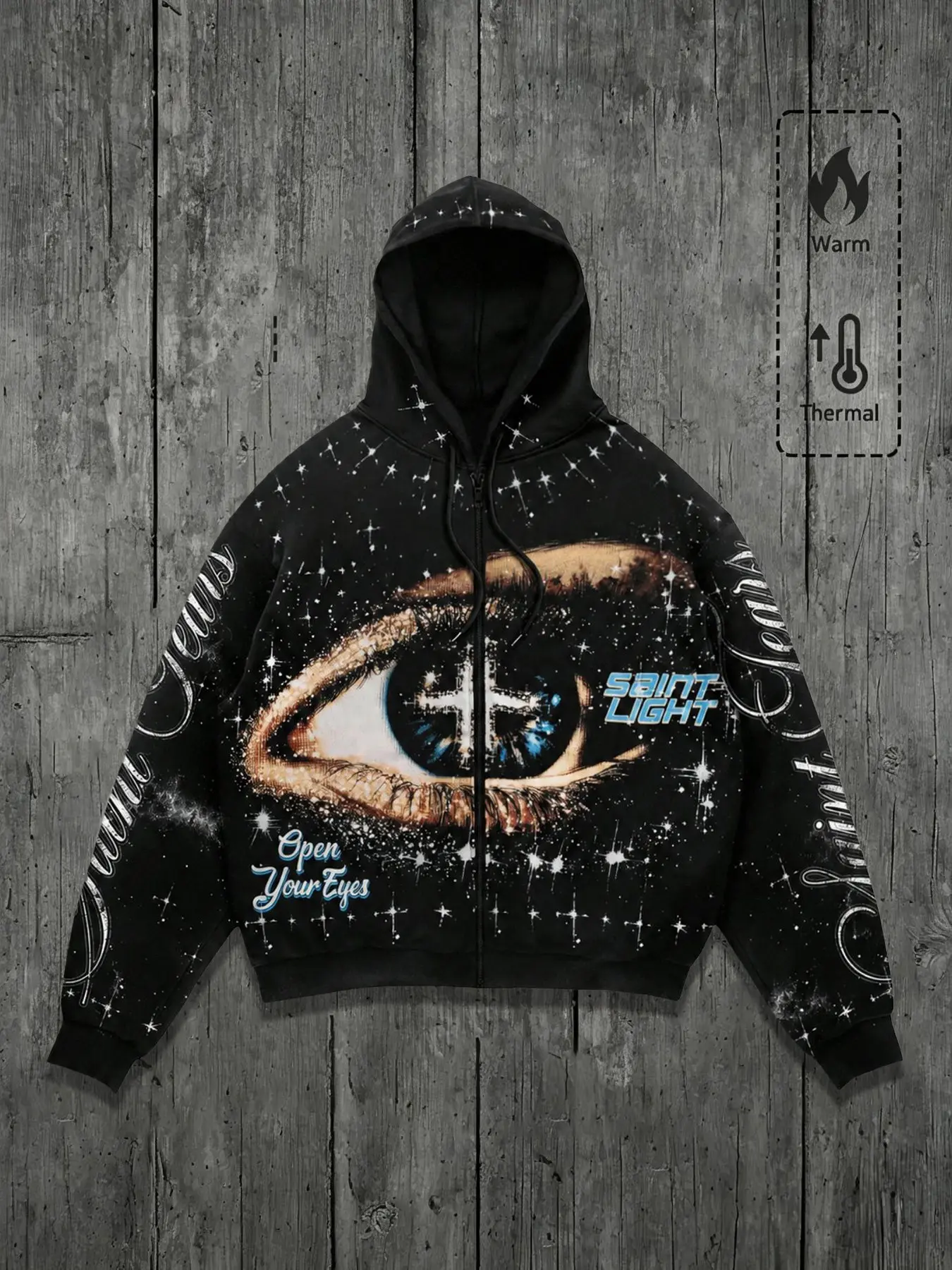 Men Y2K Full Zip‑Up Hoodie, Cosmic Eye Star Sky Graphic Print Fleece Hooded Sweatshirt, Gothic Vintage Streetwear Hoodie With Drawstring, Long Sleeve Oversized Loose Fit Thermal Jacket For Daily Street Wear